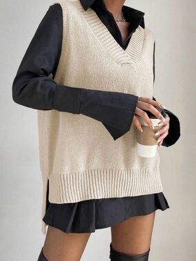 SHEIN Neutral Beige V‑Neck Sleeveless Knit Vest